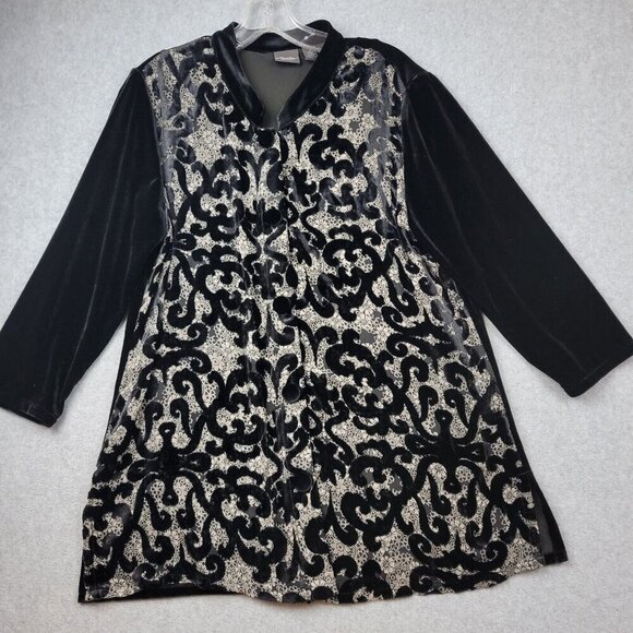 Chicos Travelers Womens Medium 1 Black Button-Front Tunic Velvet Jacket Stretch - Picture 1 of 11